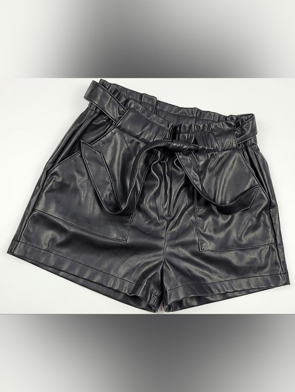 Women’s Black Faux Leather Paperbag Shorts
